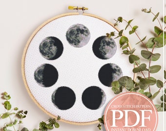 Space Cross Stitch Pattern, Moon Cross Stitch Pattern, Moon Phase Cross Stitch, Modern Cross Stitch Pattern, PDF Instant Download