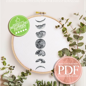 Moon Phase Cross Stitch, Moon Cross Stitch, Space Cross Stitch, Modern Cross Stitch Pattern, PDF Instant Download