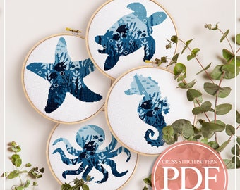 Ocean Creature Cross Stitch Pattern Set, Sea Turtle, Octopus, Seahorse (PDF Pattern)