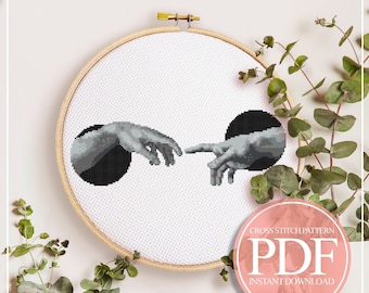 Modern Cross Stitch Pattern, Unique Cross Stitch, Black and White Cross Stitch Pattern, Creation of Adam Cross Stitch Hands Pattern PDF