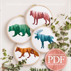 Woodland Cross Stitch Pattern, Set of 4 Cross Stitch, Forest Cross Stitch Pattern, Fox Cross Stitch Pattern PDF, Bear Cross Stitch Pattern