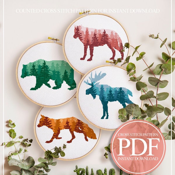 Woodland Cross Stitch Pattern, Set of 4 Cross Stitch, Forest Cross Stitch Pattern, Fox Cross Stitch Pattern PDF, Bear Cross Stitch Pattern