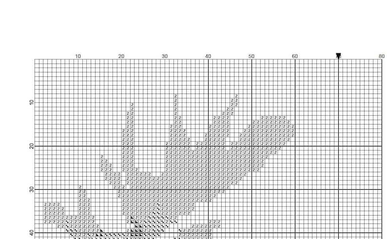 May include: Black and white cross stitch pattern of a stylized floral design. The pattern is on a grid with numbers along the sides.