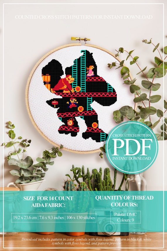 Donkey Kong Cross Stitch Pattern Super Mario Retro Video Game Etsy