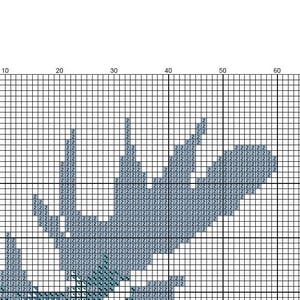 May include: A cross stitch pattern featuring a blue and white floral design. The pattern is on a grid with numbers and lines to help with stitching.