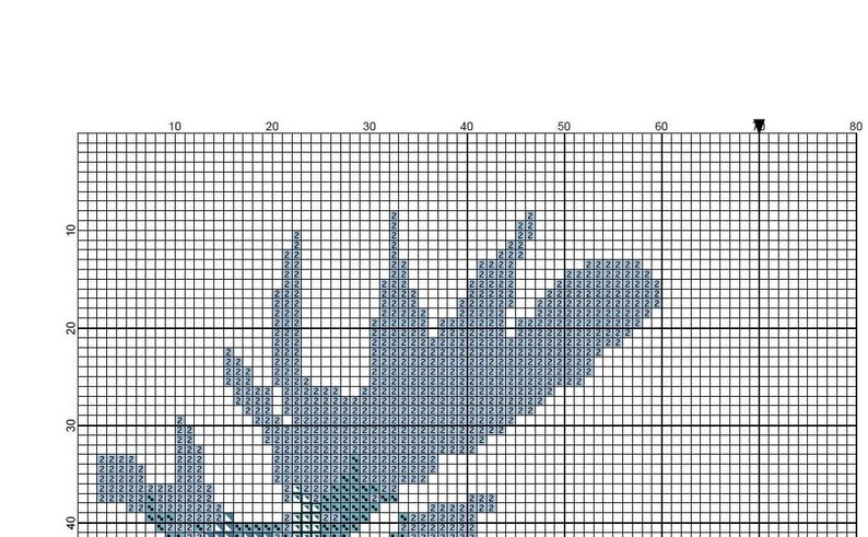 May include: A cross stitch pattern featuring a blue and white floral design. The pattern is on a grid with numbers and lines to help with stitching.