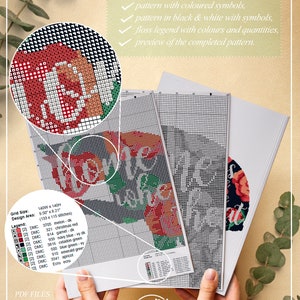 May include: A cross-stitch pattern featuring the words "Home is Where the Heart Is" with a red heart and green leaves. The pattern includes a color key with DMC floss numbers and names. The pattern is available for instant download as a PDF file.
