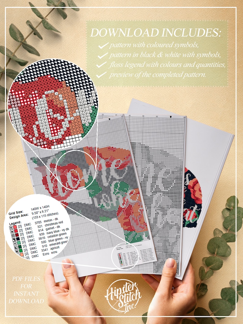 May include: A cross-stitch pattern featuring the words "Home is Where the Heart Is" with a red heart and green leaves. The pattern includes a color key with DMC floss numbers and names. The pattern is available for instant download as a PDF file.