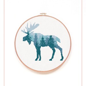 May include: A cross stitch pattern of a moose with a forest inside its silhouette. The pattern is in shades of blue and green. The pattern is displayed in a wooden embroidery hoop. The text "Hipster Stitch Inc." is in the bottom left corner of the image. The text "Etsy" is in the bottom right corner of the image.