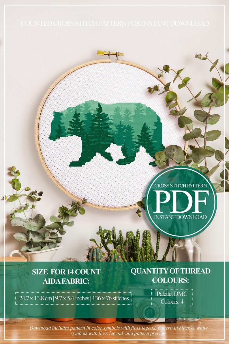 Woodland Cross Stitch Pattern, Forest Cross Stitch Pattern, Bear Cross Stitch Pattern, Nature Cross Stitch Pattern, Beginner Cross Stitch image 1