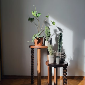 Mesa auxiliar Piloti, mesa de centro hecha a mano, mesa auxiliar moderna, mesa de centro de madera, taburete de tres patas, soporte para plantas, decoración minimalista del hogar imagen 4