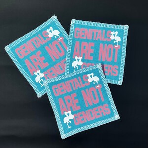May include: Three blue fabric patches with white stitching around the edges. Each patch has a white stork graphic and the text "GENITALS ARE NOT GENDERS" in pink letters.