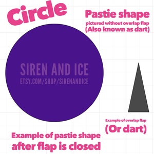 May include: Diagram showing the shape of a pastie, a type of fabric used in sewing, with and without the overlap flap. The diagram shows a purple circle with the text "SIREN AND ICE ETSY.COM/SHOP/SIRENANDICE" and a grey triangle with the text "Example of overlap flap (Or dart)".