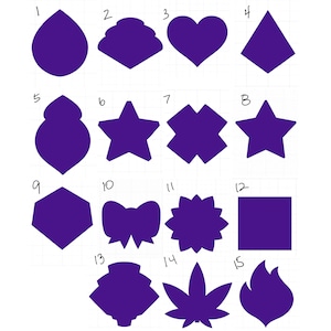 May include: A sheet of paper with 15 different purple shapes numbered 1 through 15. The shapes include a teardrop, a wave, a heart, a diamond, a seashell, a star, a flower, a square, a hexagon, a bow, a sun, a rectangle, a circle, a leaf, and a flame.