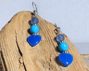 Blue Agate Drop Earrings | Sterling Silver Ear Wires | Heart Earrings | Silver Jewellery | Valentine's Gift | Gift for Her
