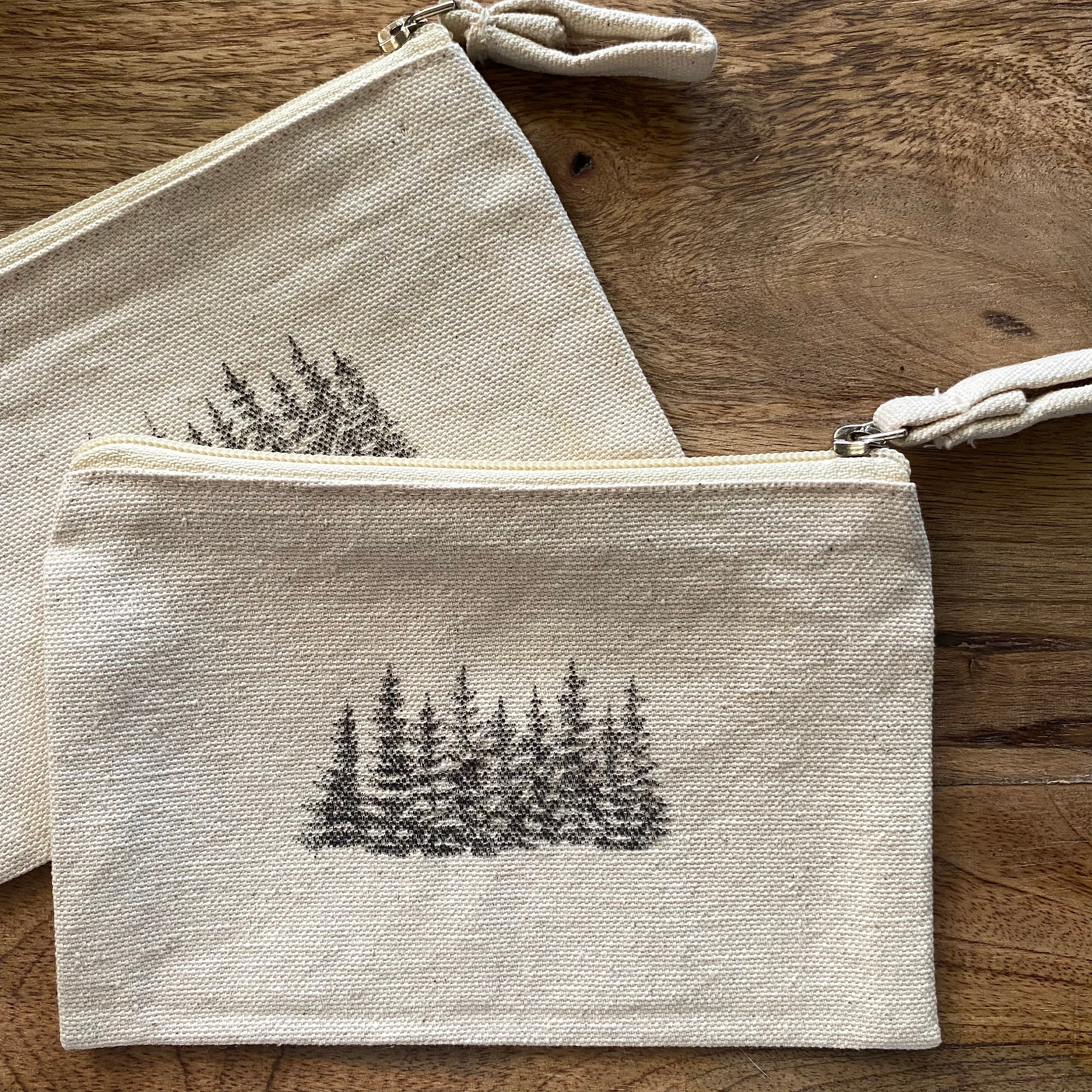Small Canvas Zipper Pouch with Pine Tree Drawing, Minimalist Nature Travel Bag, Handmade Eco Pouch
