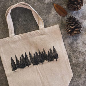 Hand-Drawn Pine Tree Canvas Tote Bag: Farmers Market Bag (13x13”)