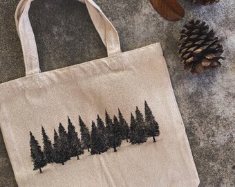 Hand Drawn Pine Tree Tote, Canvas Nature Shoulder Bag, 13x13 Eco Friendly Tote Bag, Forest Lover Gift, Minimalist Hiking Tote