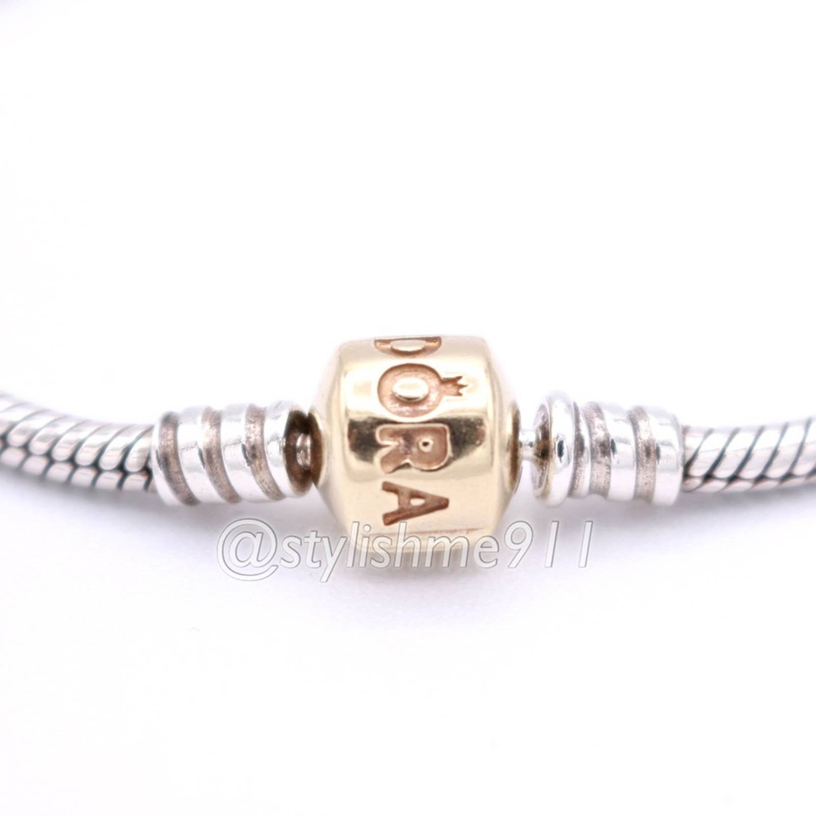 本物の PANDORA スターリング ブレスレット、14K ゴールド留め金付き