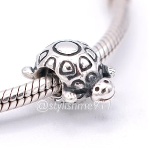 May include: A silver turtle charm with a detailed shell design. The charm is threaded onto a silver bracelet. The turtle has small, round eyes and is a decorative jewelry item.
