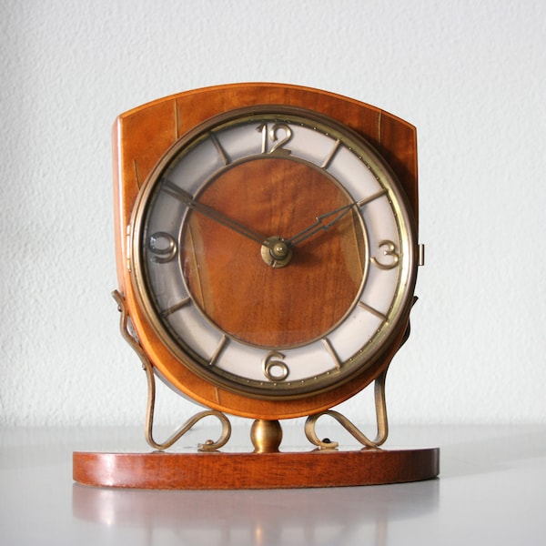 Rare Wuba Warmink Desk Table Mantel Clock, Wood Satin Lacquer Finish, Mid Century, Winding Mechanism No Chime, Working 50s 60s MCM