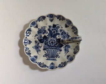 Delft Blue Plate with Handle,Signed Delft Blue Plate,Cobalt Delft Blue Plate, Scalloped Delft Blue Plate, Vintage Hand painted Blue Delft