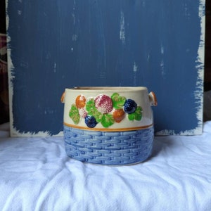 May include: A white ceramic planter with a blue and white woven pattern and a band of colorful fruit and leaves around the middle.