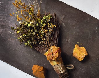 BESOM BROOM /Creosote/ Yellow Jasper Stone/ Dried Florals