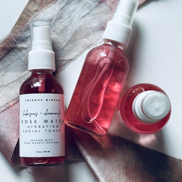 ROSE WATER /Crystal Infused/ Hydrating Face Toner /Hibiscus/Chamomile/ Organic