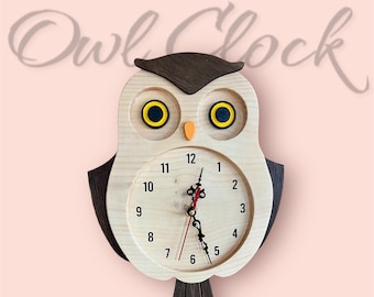 May include: A wooden wall clock shaped like an owl with a light wood face and dark wood accents. The clock features yellow and black eyes, an orange beak, and black numbers from 1 to 12. The hands are black with a red second hand. Text reads Owl Clock.
