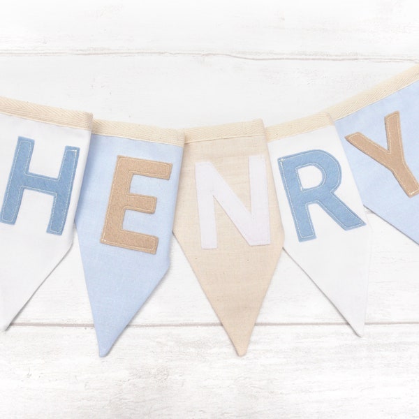 Blue and Cream Flag Bunting - Personalise with Name - Boy Bedroom Decor - Nursery Bunting - Baby Boy - New Baby - Baby Shower Decoration