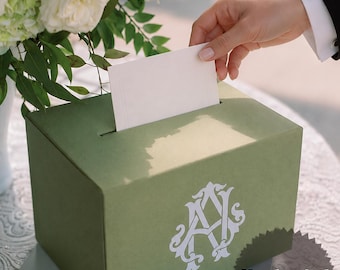 Personalized Linen Wedding Card Box in Sage Green, Reception Envelope Holder with a Slot