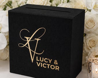 Personalized Linen Wedding Gift Card Box in Black, Linen Reception Envelope Holder with a Slot for gift cards