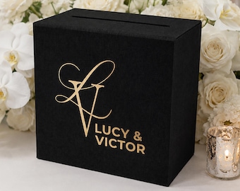Personalized Linen Wedding Gift Card Box in Heather Black, Linen Reception Envelope Holder with a Slot for gift cards