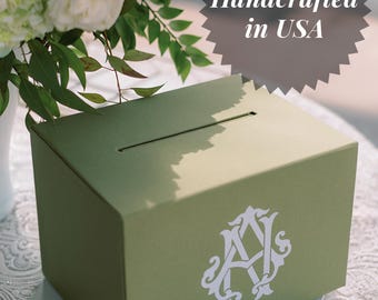 Personalized Linen Wedding Card Box in Sage Green, Reception Envelope Holder with a Slot