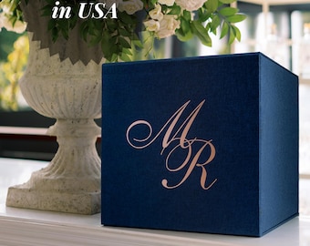 Wedding Envelope Box, Personalized Linen Envelope Holder in Navy Blue, Reception Card and Gift Card Box with Slot | Multiple Color Options