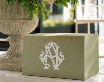 Personalized Linen Wedding Card Box in Sage Green, Reception Envelope & Gift Cards Box with a Slot
