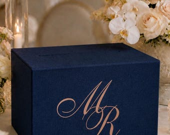 Personalized Wedding Card Box in Navy Blue Linen with many sizes options