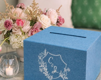Personalized Linen Wedding Card Box in French Blue, Reception Envelope & Gift Cards Box with a Slot