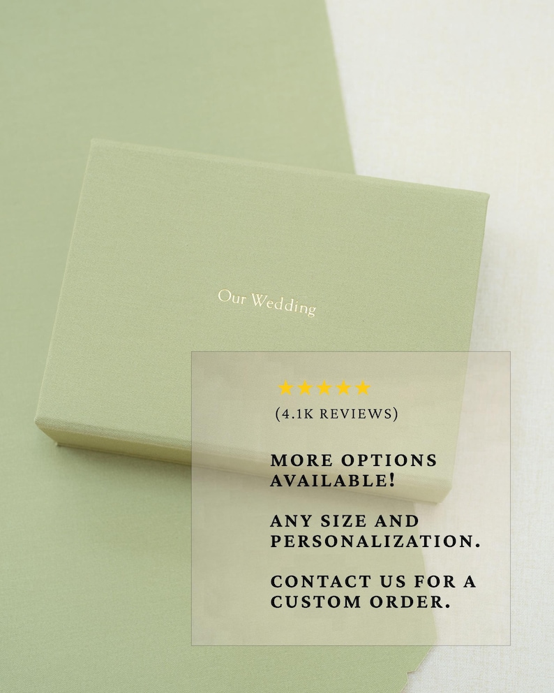 May include: A rectangular sage green gift box with the text Our Wedding printed in white on the lid. The box is presented with an overlay containing five yellow stars, the text 4.1K REVIEWS, MORE OPTIONS AVAILABLE, ANY SIZE AND PERSONALIZATION, and CONTACT US FOR A CUSTOM ORDER.