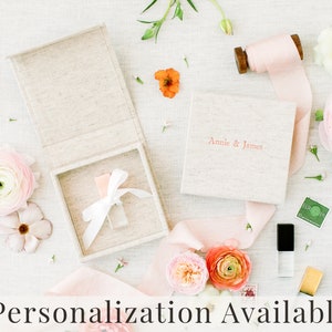 OATMEAL Linen Box | USB Box | Off-White Ribbons | Flash Drive Packaging | Photographer Gifts for Clients