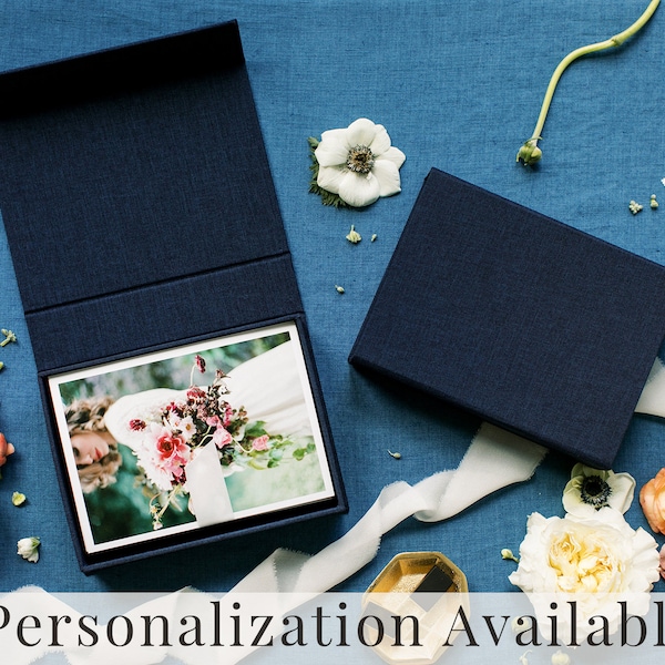 NAVY BLUE Linen Box | 5x7 Photo Box | Off-White Ribbon | Proof Print Packaging | Photographer Gifts for Clients