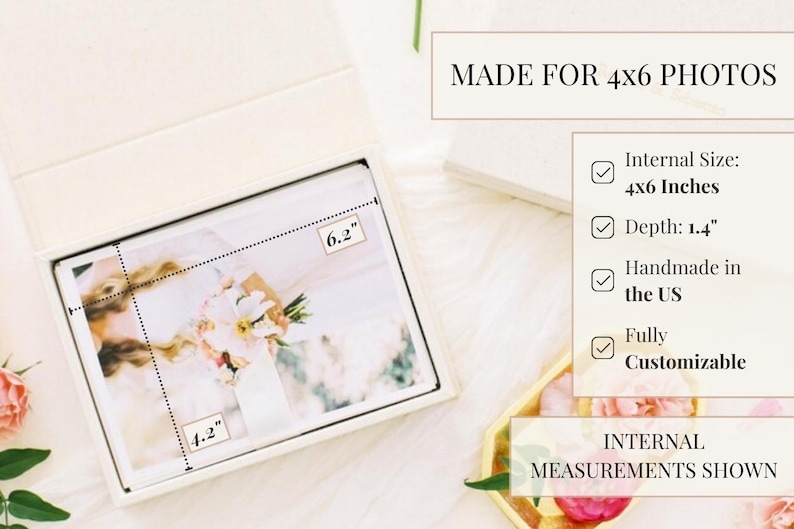 May include: A cream-colored photo storage box with an open lid, containing a photograph. Text on the box reads: MADE FOR 4x6 PHOTOS, Internal Size: 4x6 Inches, Depth: 1.4, Handmade in the US, Fully Customizable, and INTERNAL MEASUREMENTS SHOWN.