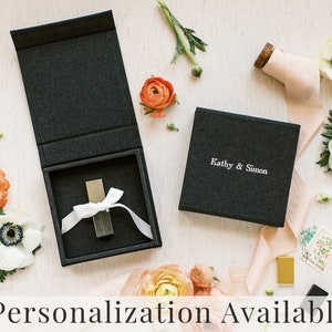 BLACK Linen Box | USB Box | Off-White Ribbons | Flash Drive Packaging | Photographer Gifts for Clients