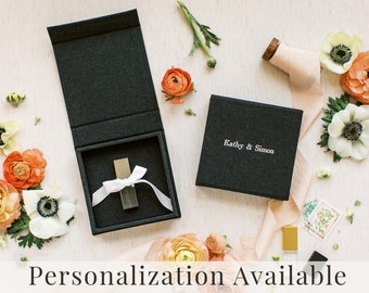 BLACK Linen Box | USB Box | Off-White Ribbons | Flash Drive Packaging | Photographer Gifts for Clients