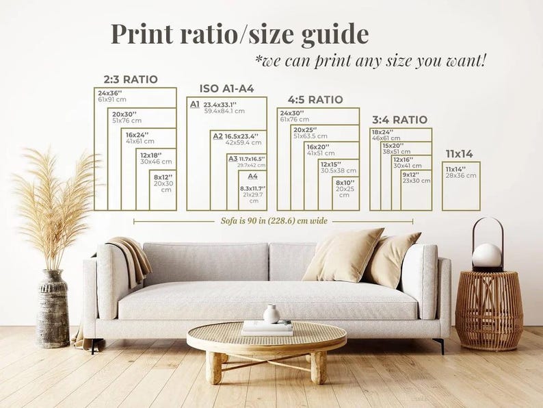 May include: A print ratio and size guide chart featuring categories for 2:3, ISO A1-A4, 4:5, and 3:4 ratios, plus 11x14. The text reads Print ratio/size guide, we can print any size you want, and Sofa is 90 in (228.6) cm wide.