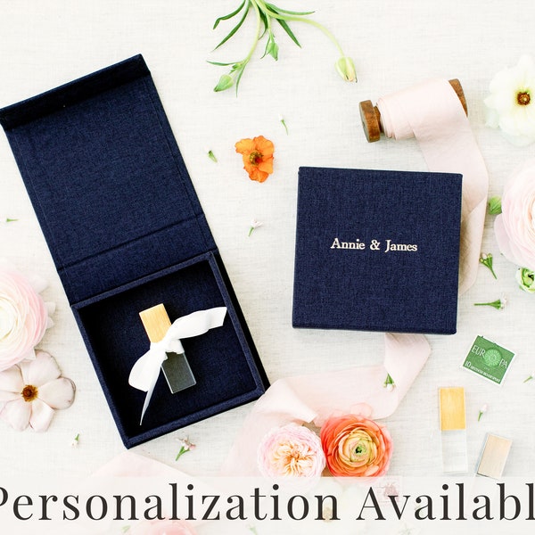 NAVY BLUE Linen Box | USB Box | Off-White Ribbons | Flash Drive Packaging | Photographer Gifts for Clients