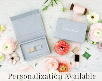 HEATHER GREY Linen Box | USB Box | Sized for Crystal with Metal Cap | Flash Drive Packaging | Photographer Gifts for Clients