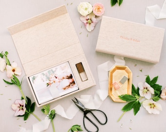 Pudełko na pościel OATMEAL | Pudełko na zdjęcia i USB 4x6 | Wstążka w kolorze złamanej bieli | Opakowanie na wydruk próbny | Prezenty dla klientów fotografa