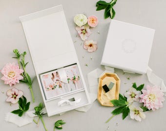 BIAŁE pudełko na pościel | Pudełko na zdjęcia i USB 4x6 | Wstążki w kolorze złamanej bieli | Opakowanie na wydruk próbny | Prezenty dla klientów fotografa